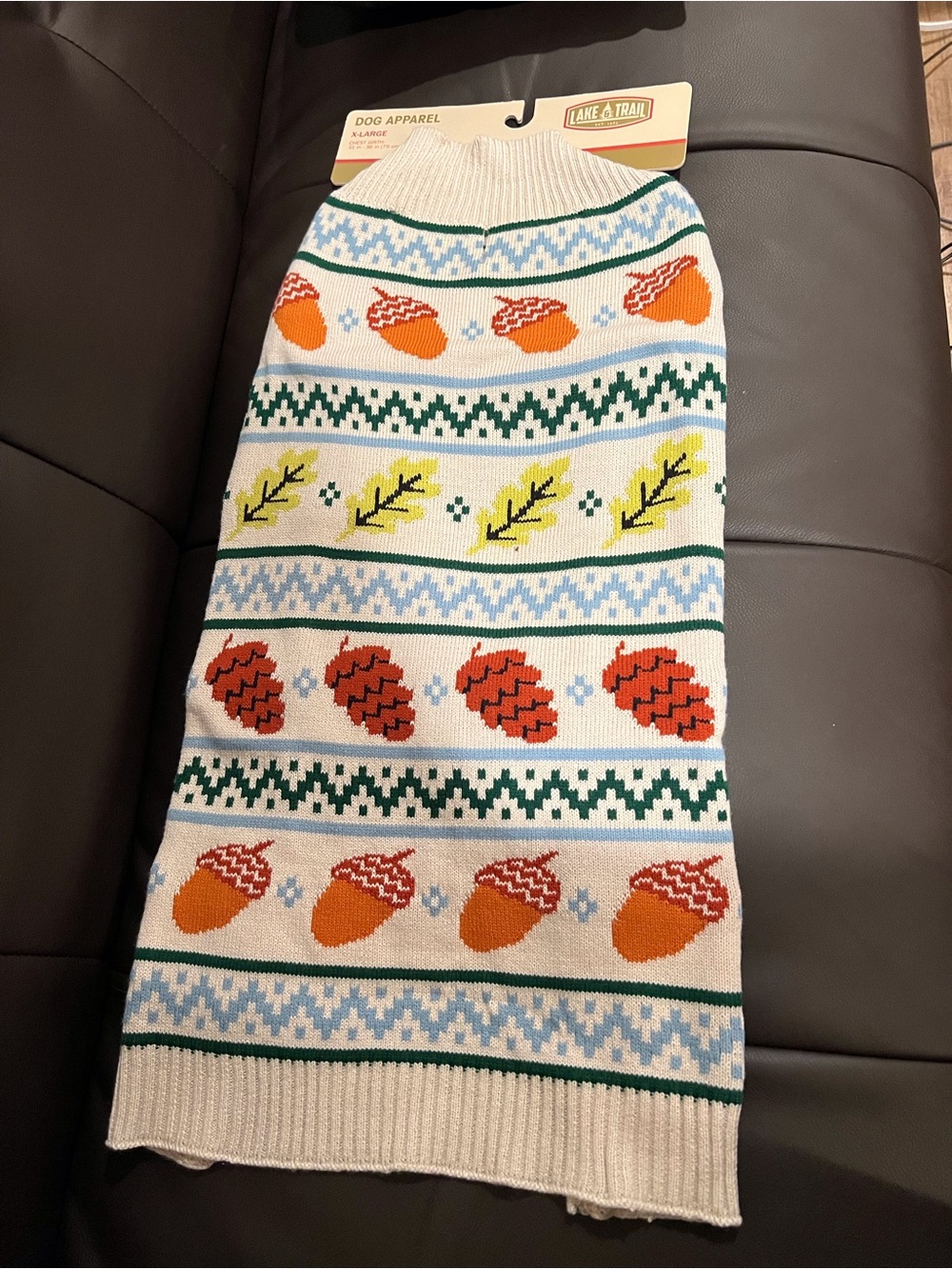 Lake + Trail Cream Holiday Knit Dog Sweater with Acorn & Pinecone Motif